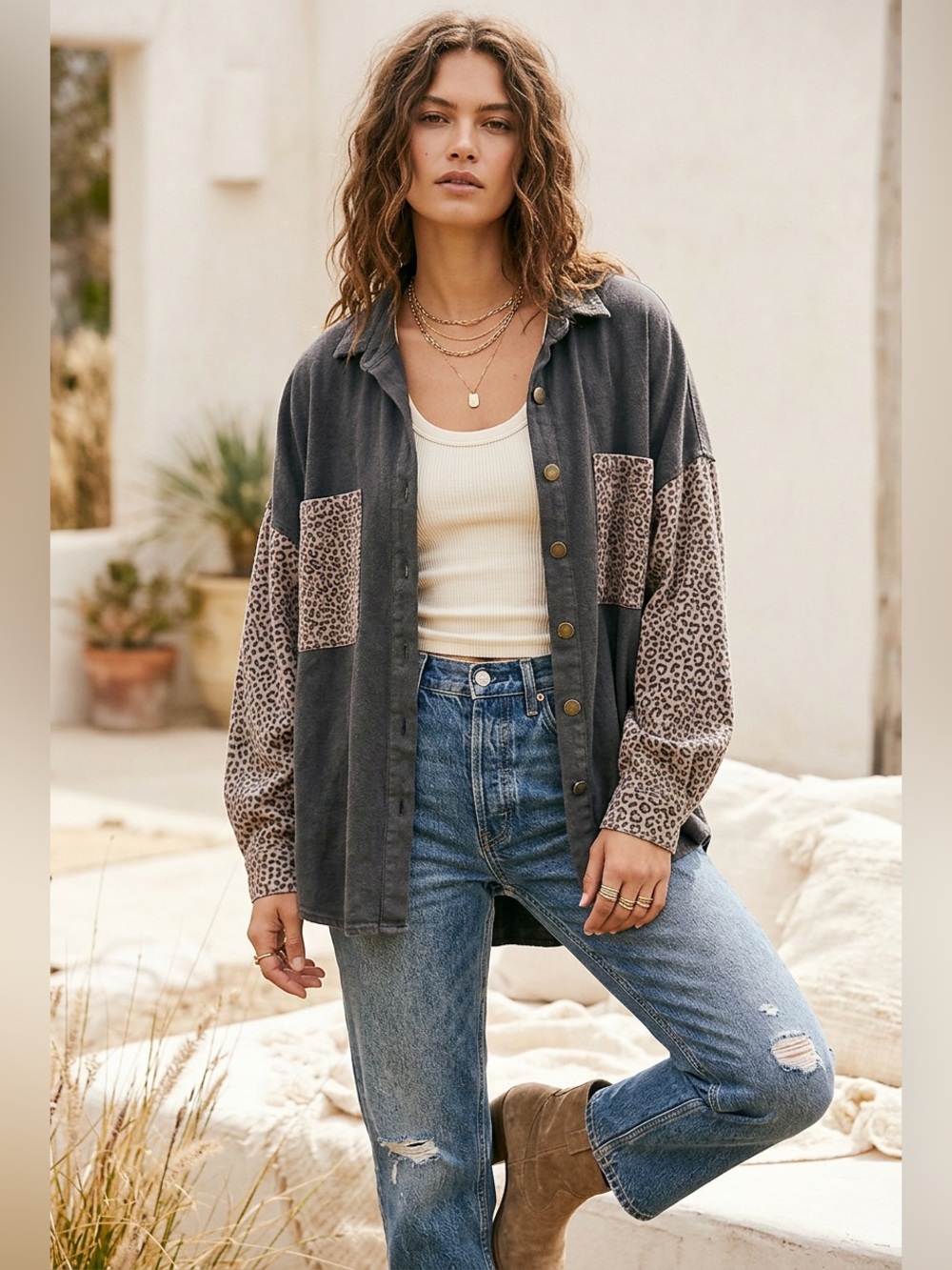 Leopard Print Sleeve Button-Up Shirt